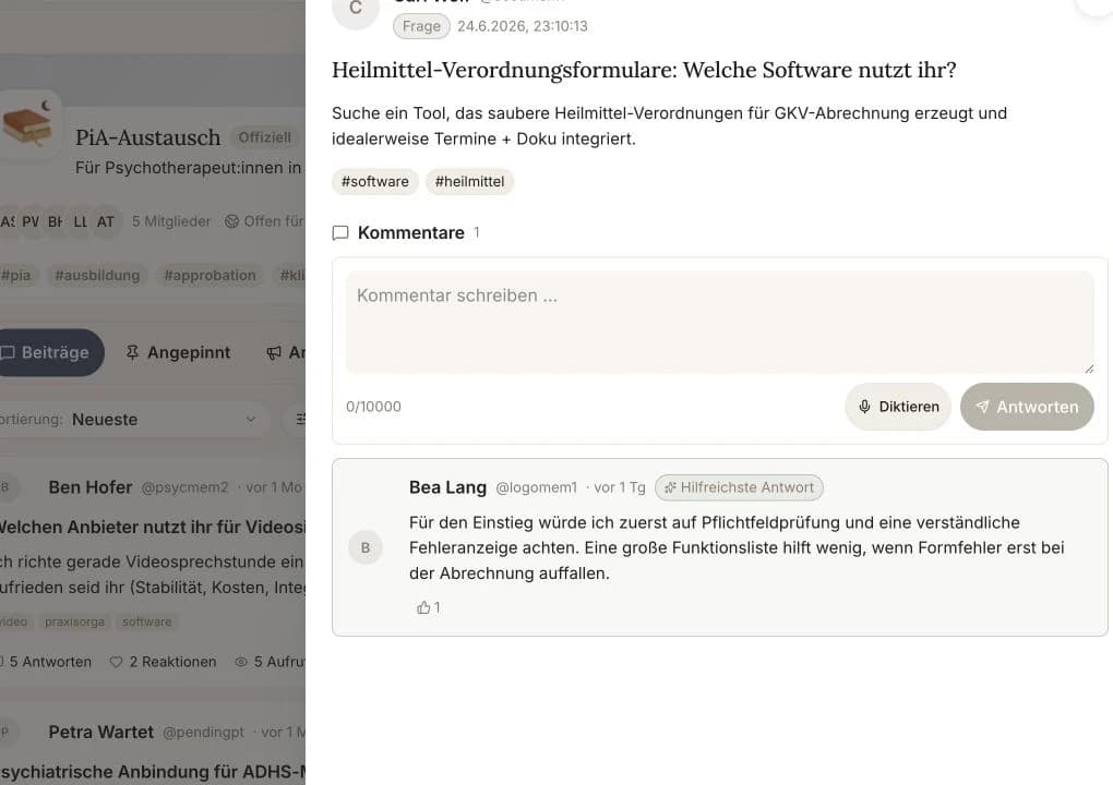 Fachfrage in einer Gruppe mit Kommentarbereich und hervorgehobener hilfreicher Antwort
