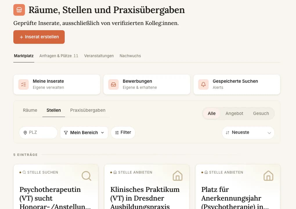 Marktplatz mit Stellenangeboten, Filtern, Bewerbungen und gespeicherten Suchen