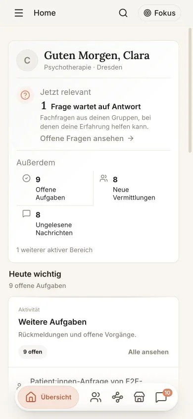 Mobiles Fachzirkel-Dashboard mit priorisierten Fragen, Aufgaben, Vermittlungen und Nachrichten