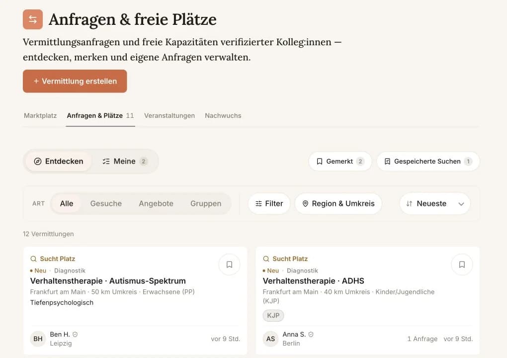 Vermittlungsübersicht mit Gesuchen, freien Therapieplätzen und regionalen Filtern
